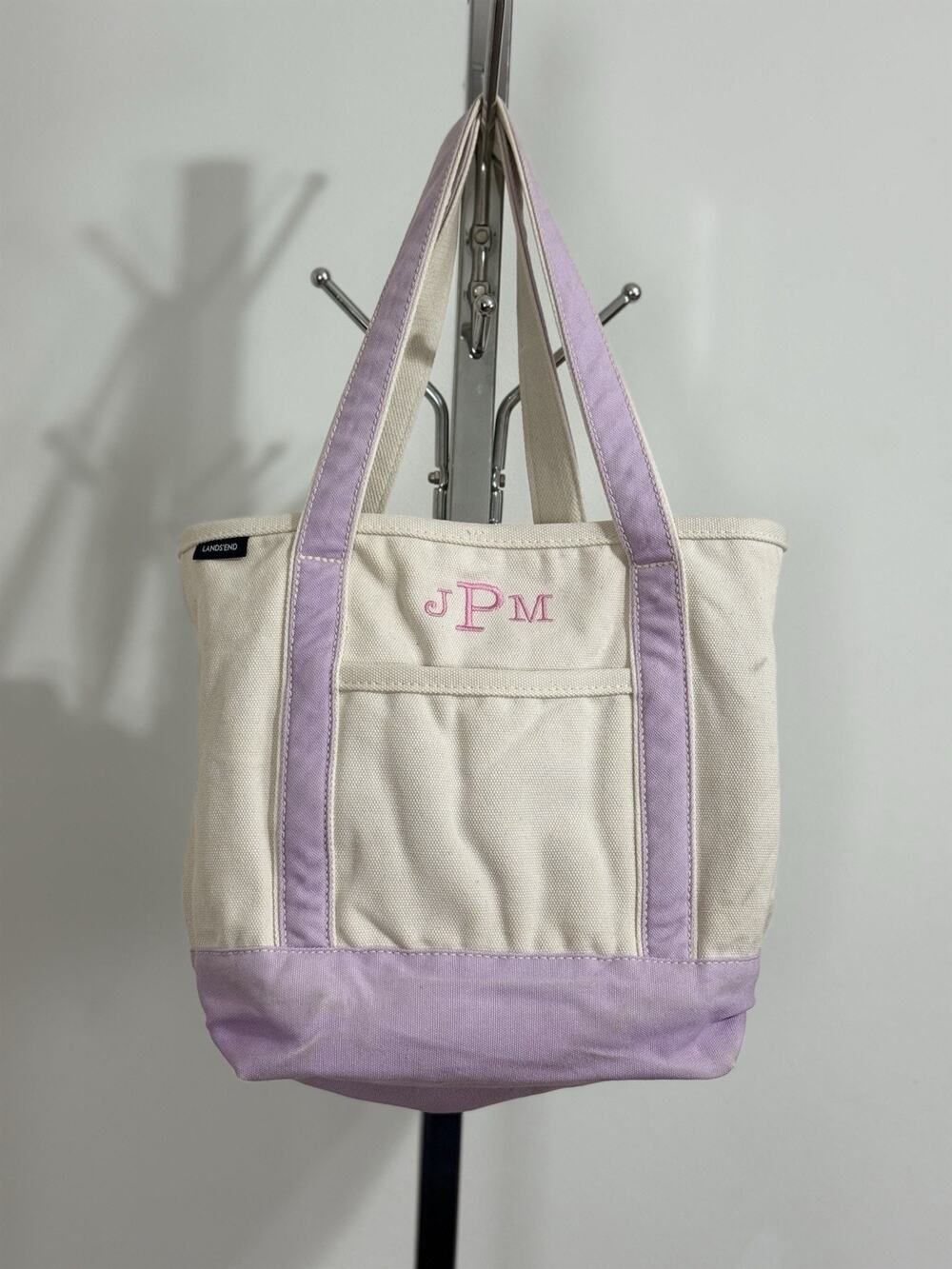 Vintage Lands’ End Canvas Tote Bag Medium Lilac Trim Monogrammed Embroidered JPM